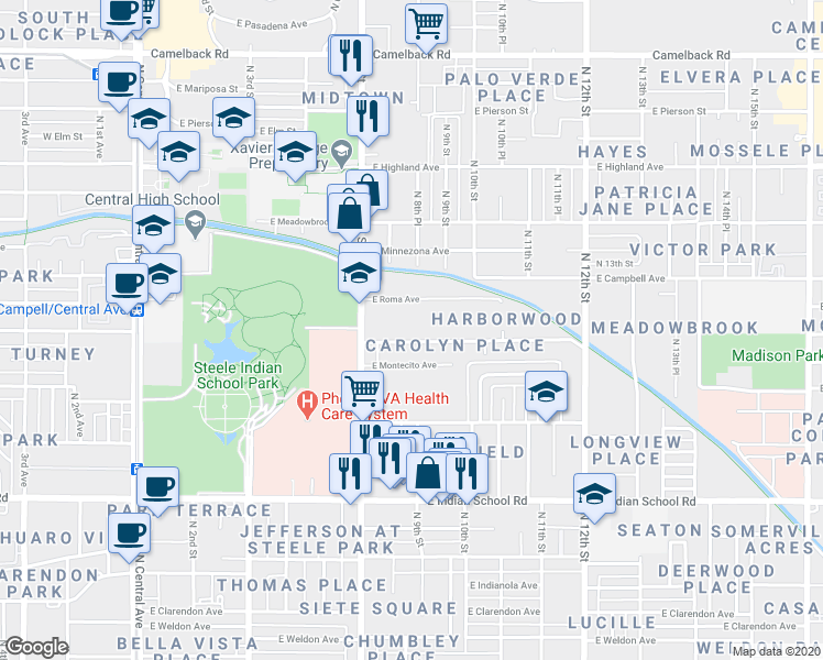 map of restaurants, bars, coffee shops, grocery stores, and more near 805 East Roma Avenue in Phoenix