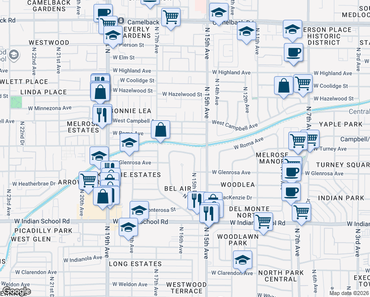 map of restaurants, bars, coffee shops, grocery stores, and more near 1545 West Roma Avenue in Phoenix