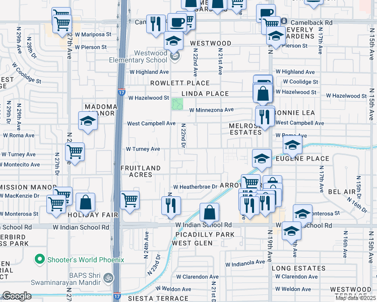 map of restaurants, bars, coffee shops, grocery stores, and more near 6 West Turney Avenue in Phoenix