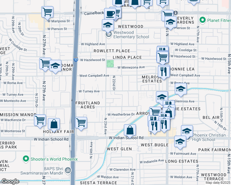 map of restaurants, bars, coffee shops, grocery stores, and more near 6 West Turney Avenue in Phoenix