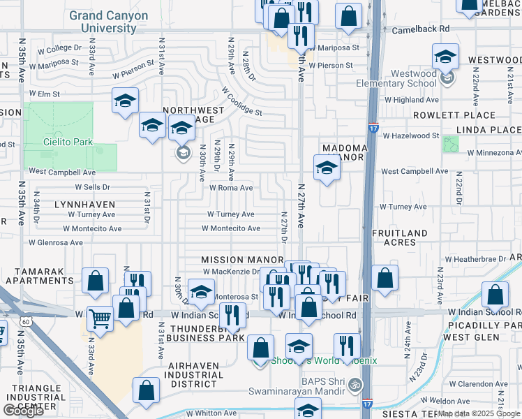 map of restaurants, bars, coffee shops, grocery stores, and more near 2744 West Roma Avenue in Phoenix