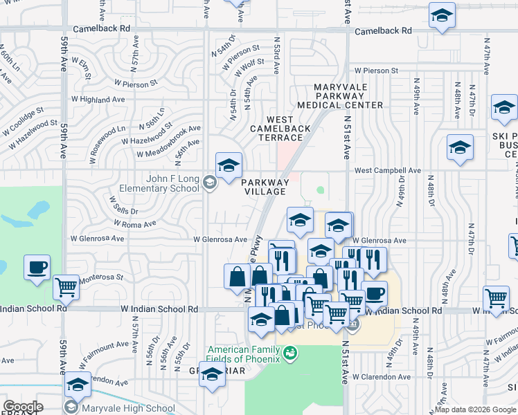 map of restaurants, bars, coffee shops, grocery stores, and more near 4418 North 53rd Lane in Phoenix