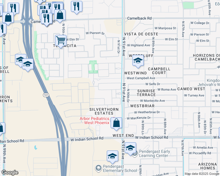 map of restaurants, bars, coffee shops, grocery stores, and more near 4312-4498 North 91st Avenue in Phoenix