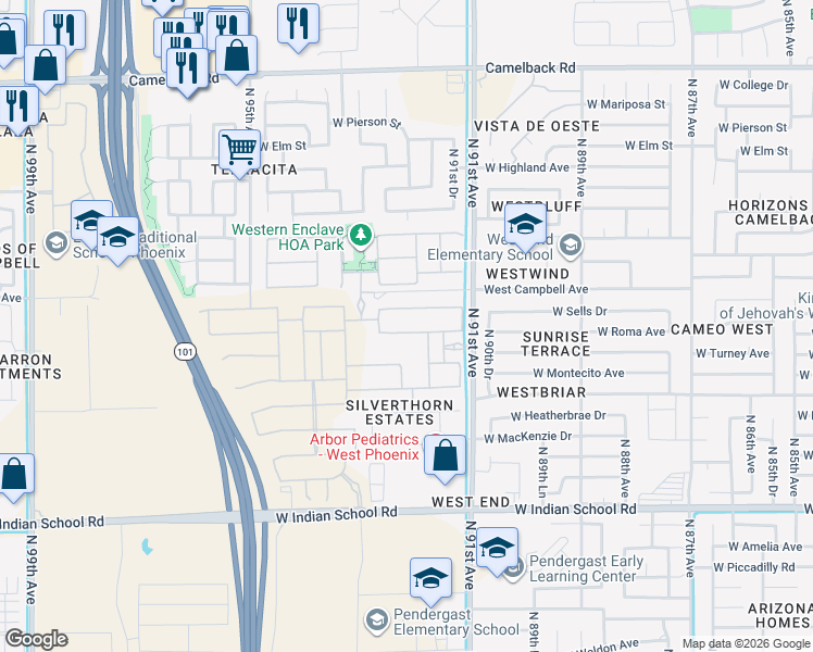 map of restaurants, bars, coffee shops, grocery stores, and more near 4312-4498 North 91st Avenue in Phoenix