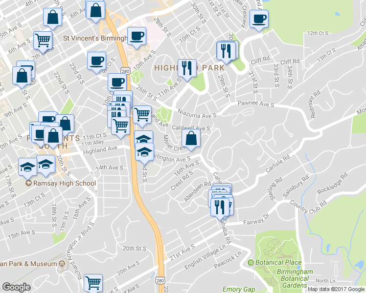 map of restaurants, bars, coffee shops, grocery stores, and more near 1520 Milner Crescent in Birmingham