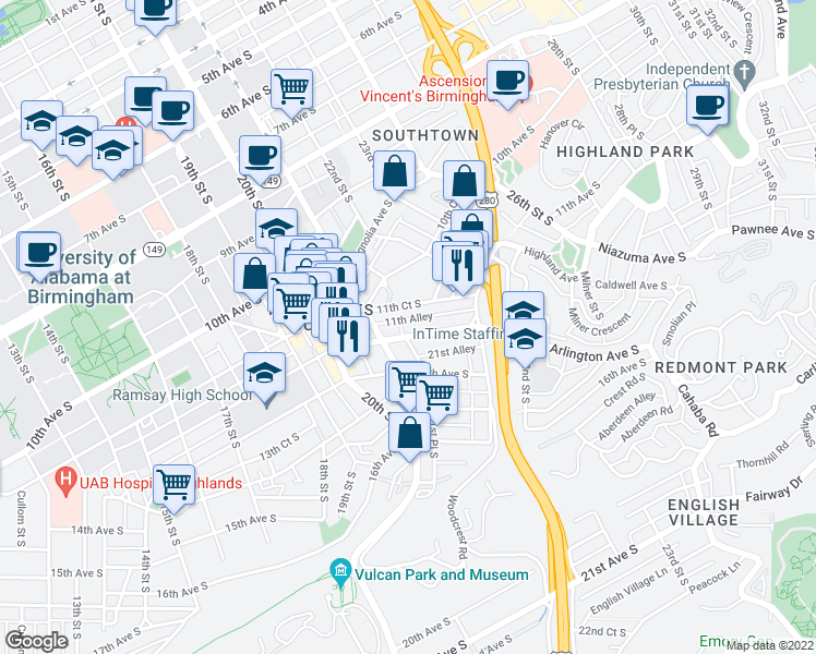 map of restaurants, bars, coffee shops, grocery stores, and more near 2125 11th Court South in Birmingham