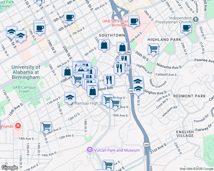 map of restaurants, bars, coffee shops, grocery stores, and more near 2125 11th Court South in Birmingham