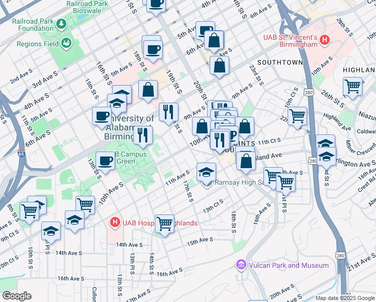 map of restaurants, bars, coffee shops, grocery stores, and more near 924 18th Street South in Birmingham