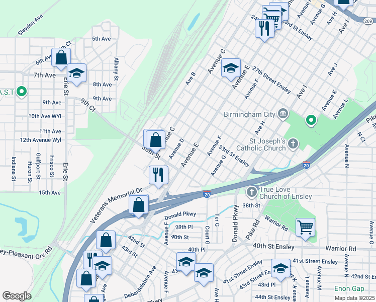 map of restaurants, bars, coffee shops, grocery stores, and more near 3324 Avenue East in Birmingham
