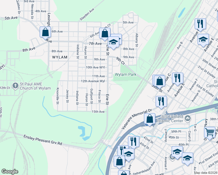 map of restaurants, bars, coffee shops, grocery stores, and more near 1201 Erie Street in Birmingham