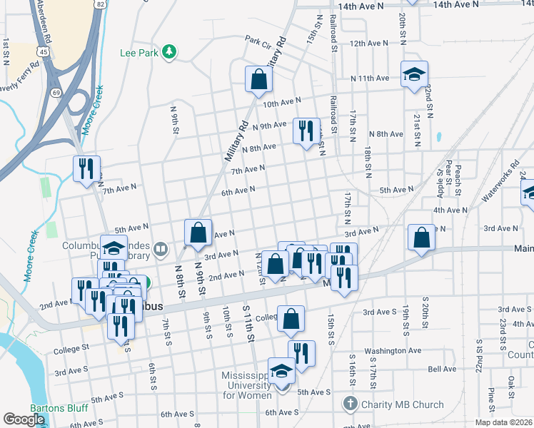 map of restaurants, bars, coffee shops, grocery stores, and more near 502 13th St N in Columbus