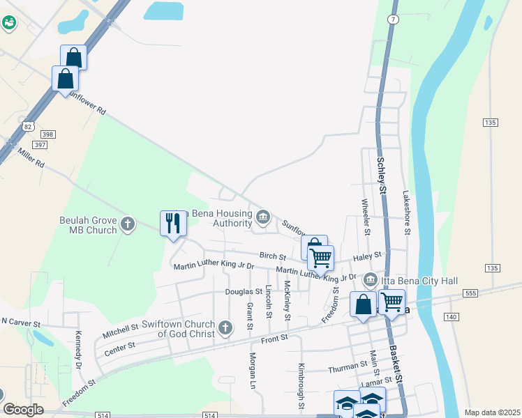 map of restaurants, bars, coffee shops, grocery stores, and more near 308 Sunflower Road in Itta Bena
