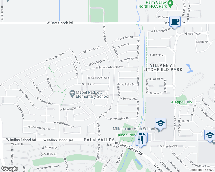 map of restaurants, bars, coffee shops, grocery stores, and more near 15245 West Sells Drive in Goodyear