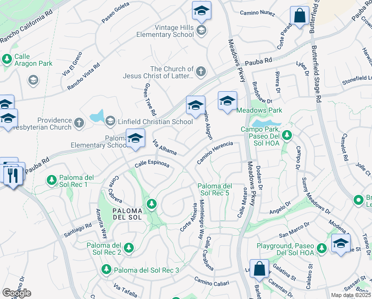map of restaurants, bars, coffee shops, grocery stores, and more near 42977 Calle Londe in Temecula