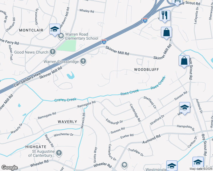 map of restaurants, bars, coffee shops, grocery stores, and more near 409 Normandy Place in Augusta