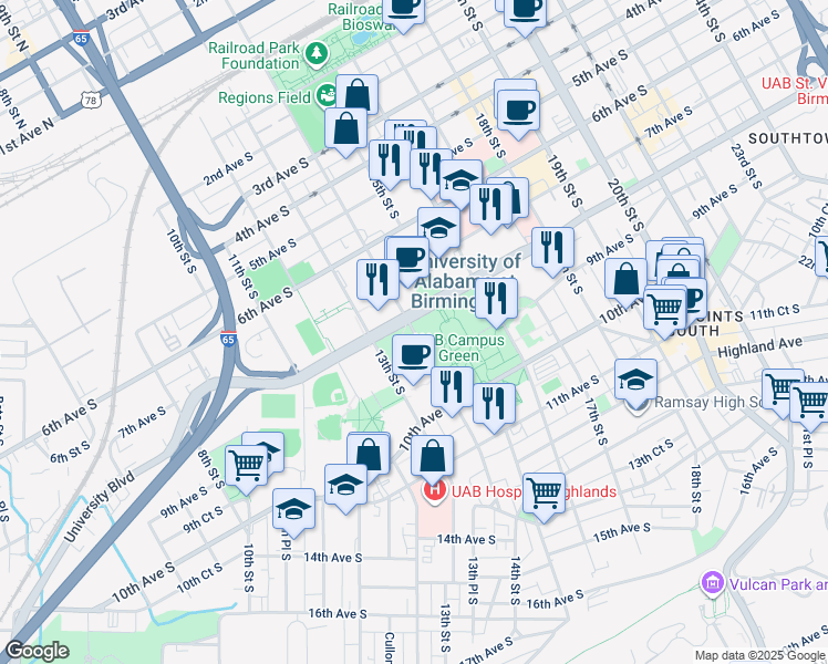 map of restaurants, bars, coffee shops, grocery stores, and more near 14th Street South in Birmingham