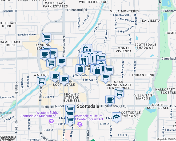 map of restaurants, bars, coffee shops, grocery stores, and more near in Scottsdale