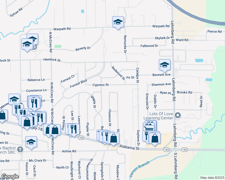 map of restaurants, bars, coffee shops, grocery stores, and more near 715 Cypress Street in Columbus
