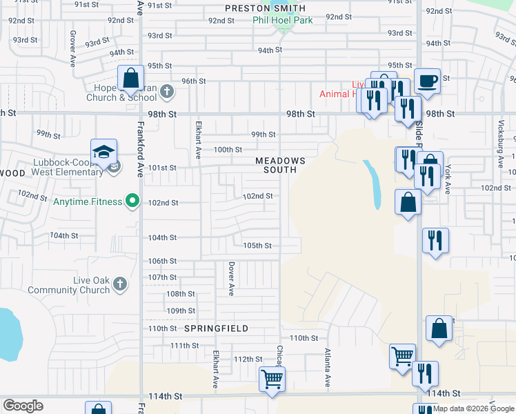 map of restaurants, bars, coffee shops, grocery stores, and more near 5516 102nd Street in Lubbock