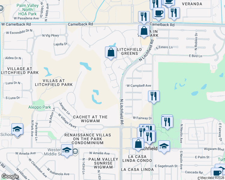 map of restaurants, bars, coffee shops, grocery stores, and more near 14128 West Green Hollow Terrace in Litchfield Park