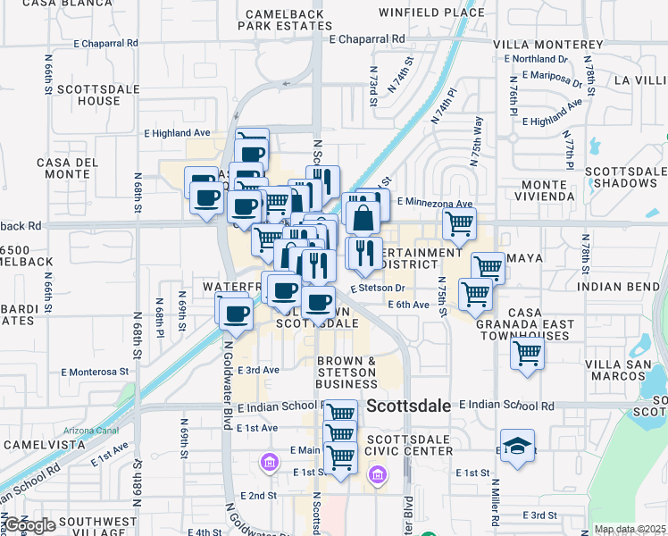 map of restaurants, bars, coffee shops, grocery stores, and more near 4343 North Scottsdale Road in Scottsdale
