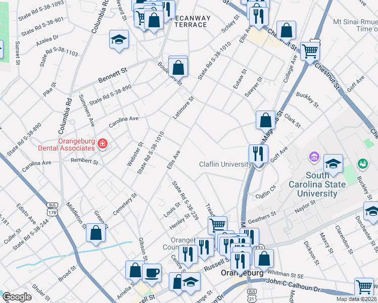 map of restaurants, bars, coffee shops, grocery stores, and more near 820 Ellis Avenue in Orangeburg