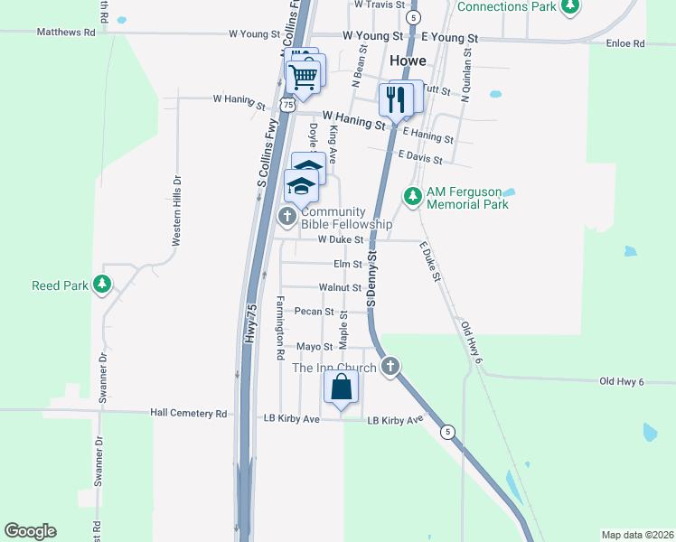 map of restaurants, bars, coffee shops, grocery stores, and more near 512 Maple Street in Howe
