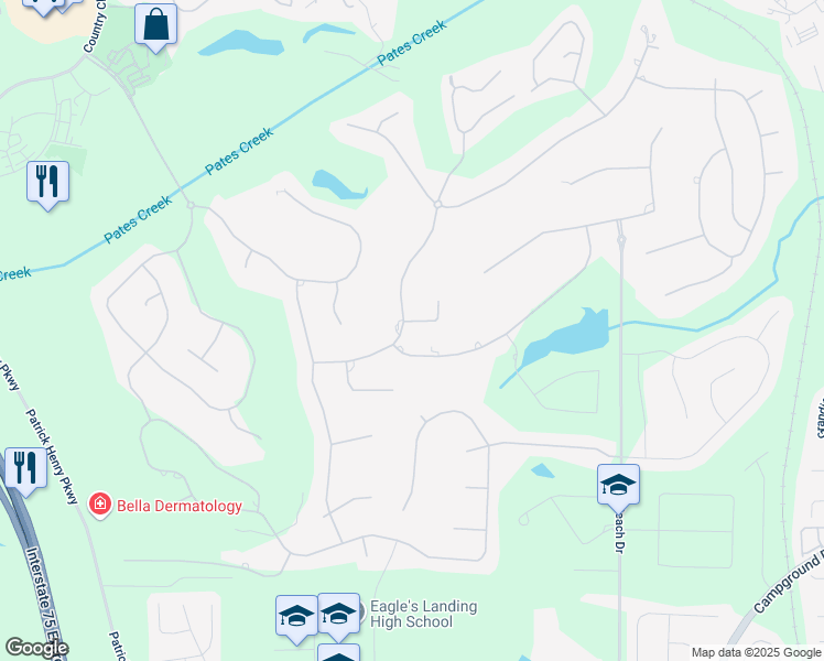 map of restaurants, bars, coffee shops, grocery stores, and more near 612 Champions Drive in McDonough
