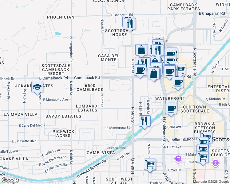 map of restaurants, bars, coffee shops, grocery stores, and more near 6711 East Camelback Road in Scottsdale