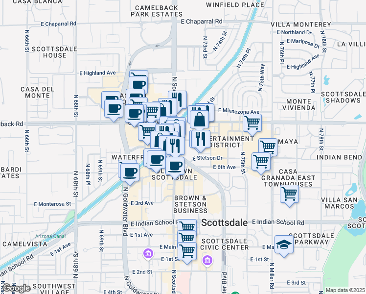 map of restaurants, bars, coffee shops, grocery stores, and more near 7216 East Shoeman Lane in Scottsdale