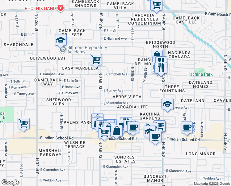 map of restaurants, bars, coffee shops, grocery stores, and more near 3704 East Turney Avenue in Phoenix