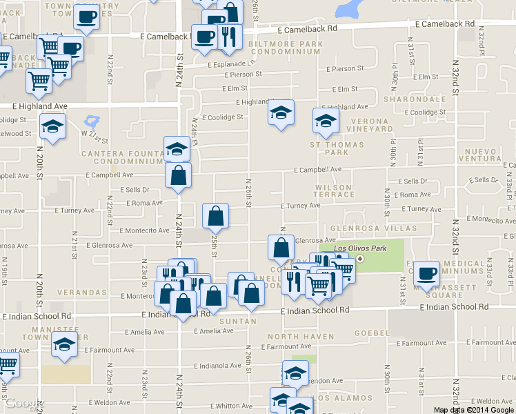 map of restaurants, bars, coffee shops, grocery stores, and more near 2545 East Roma Avenue in Phoenix