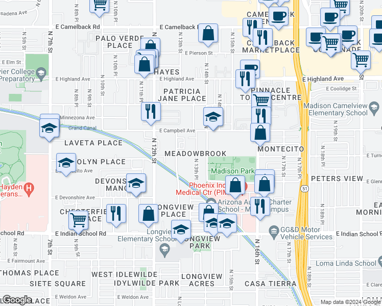 map of restaurants, bars, coffee shops, grocery stores, and more near 4428 North 13th Place in Phoenix