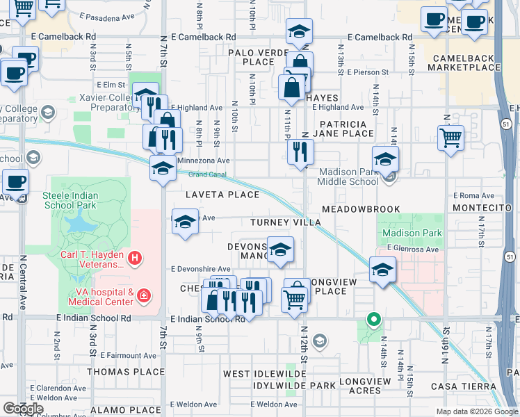 map of restaurants, bars, coffee shops, grocery stores, and more near 1010 East Turney Avenue in Phoenix