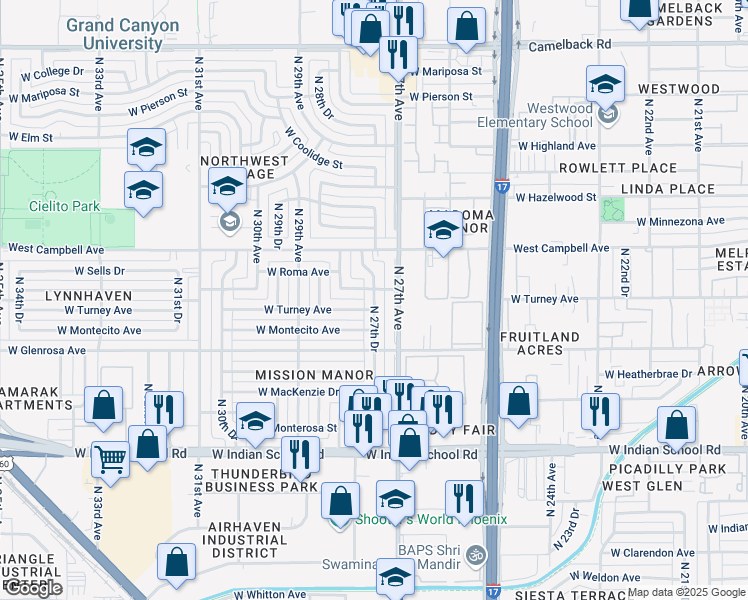 map of restaurants, bars, coffee shops, grocery stores, and more near 4426 North 27th Avenue in Phoenix