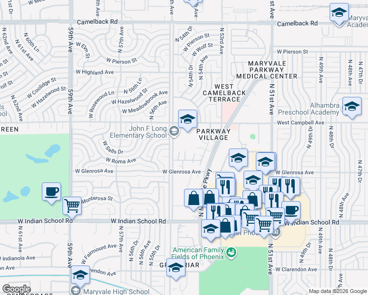 map of restaurants, bars, coffee shops, grocery stores, and more near 4407 North 55th Avenue in Phoenix