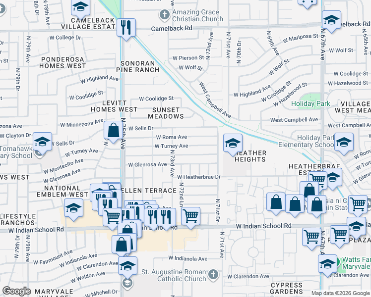 map of restaurants, bars, coffee shops, grocery stores, and more near 7225 West Roma Avenue in Phoenix