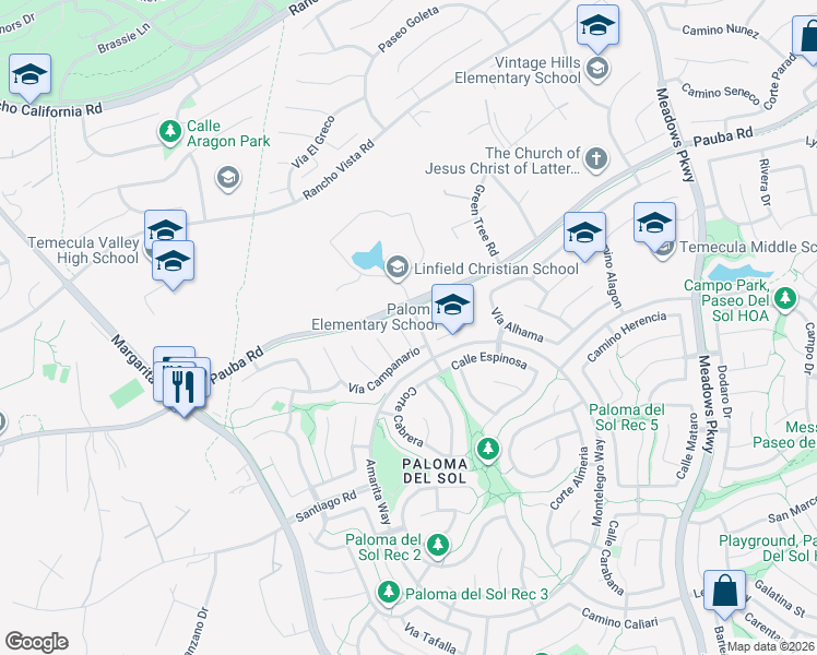 map of restaurants, bars, coffee shops, grocery stores, and more near 42940 Vía Rami in Temecula
