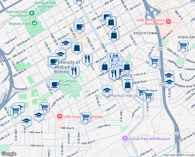 map of restaurants, bars, coffee shops, grocery stores, and more near 924 18th Street South in Birmingham