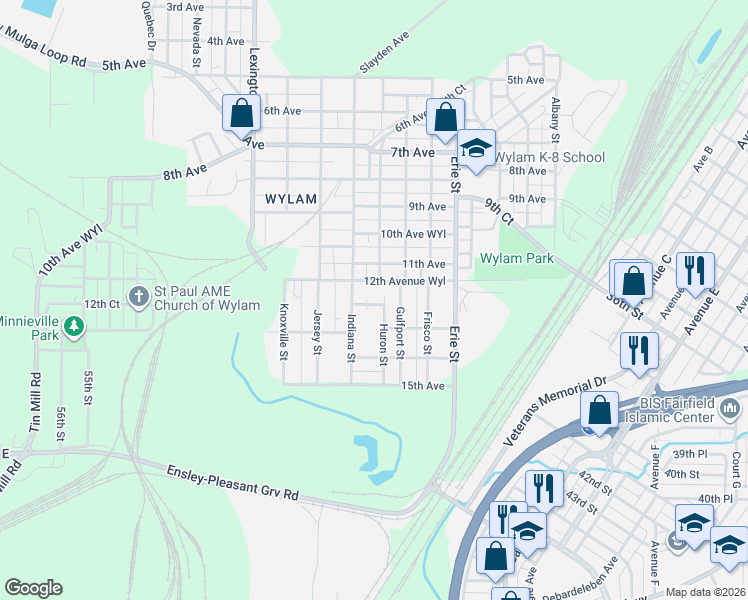 map of restaurants, bars, coffee shops, grocery stores, and more near 1201 Indiana Street in Birmingham