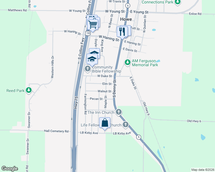 map of restaurants, bars, coffee shops, grocery stores, and more near 512 Maple Street in Howe