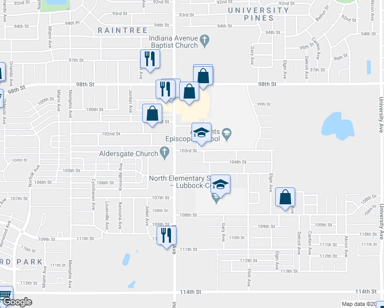 map of restaurants, bars, coffee shops, grocery stores, and more near 3309 103rd Street in Lubbock