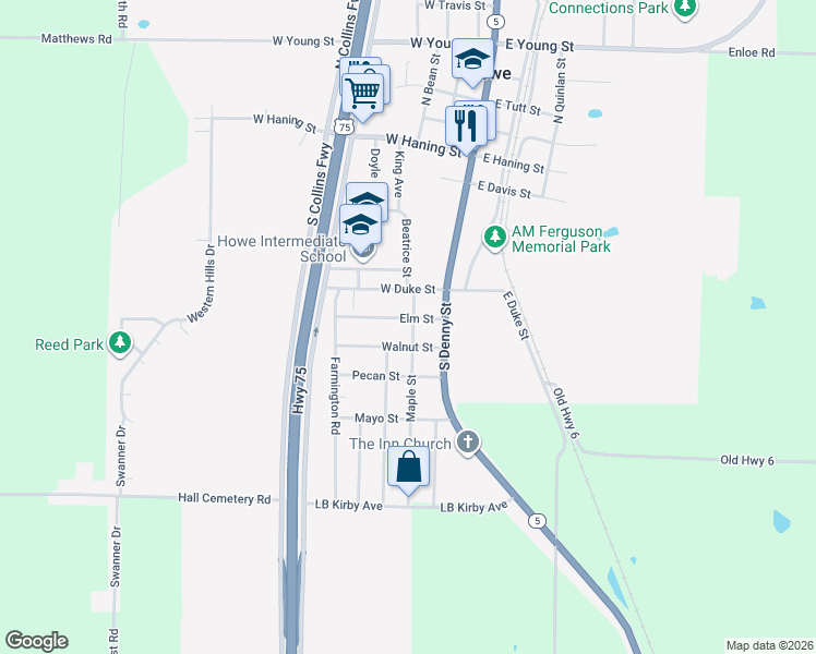 map of restaurants, bars, coffee shops, grocery stores, and more near 512 Maple Street in Howe