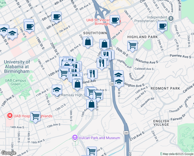 map of restaurants, bars, coffee shops, grocery stores, and more near 2154 Highland Avenue in Birmingham
