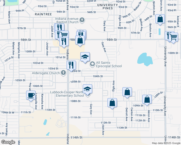 map of restaurants, bars, coffee shops, grocery stores, and more near 3111 103rd Street in Lubbock