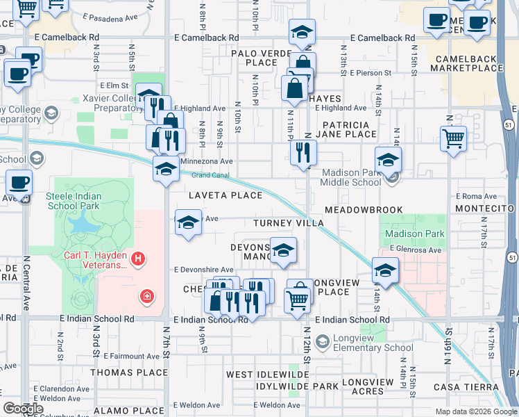 map of restaurants, bars, coffee shops, grocery stores, and more near 1010 East Turney Avenue in Phoenix
