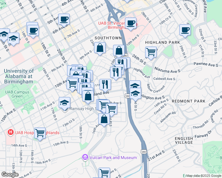 map of restaurants, bars, coffee shops, grocery stores, and more near 2154 Highland Avenue in Birmingham