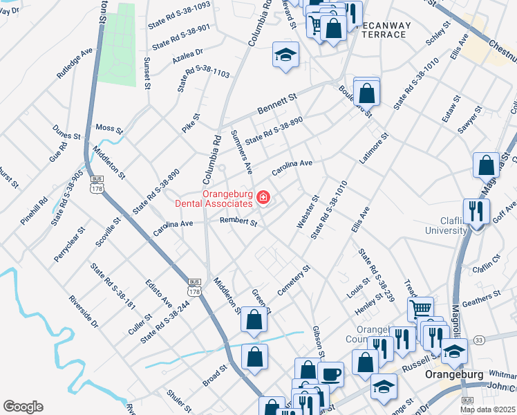 map of restaurants, bars, coffee shops, grocery stores, and more near 900 Summers Avenue in Orangeburg