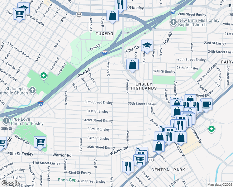 map of restaurants, bars, coffee shops, grocery stores, and more near 1712 29th Street Ensley in Birmingham