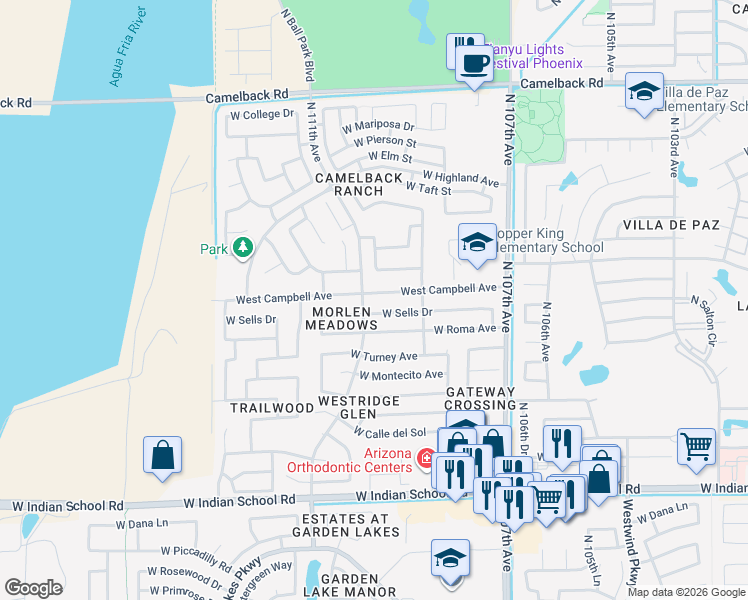 map of restaurants, bars, coffee shops, grocery stores, and more near 10946 West Campbell Avenue in Phoenix